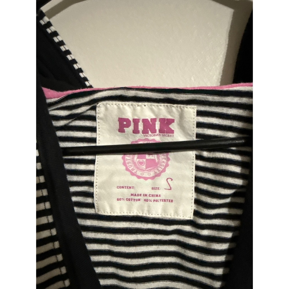 Victorias Secret PINK Striped Hooded Top Black White V-Neck Empire Waist Small - Picture 2 of 7